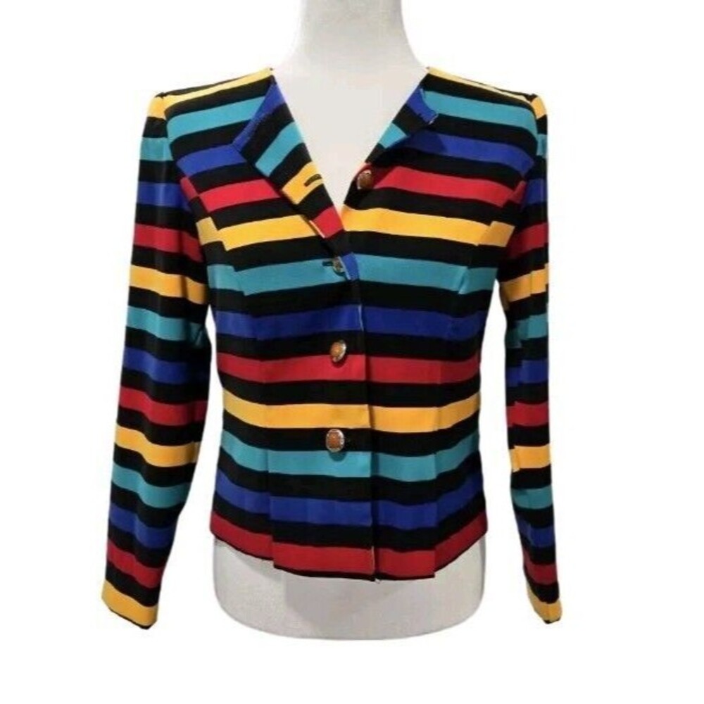 Vintage LESLIE FAY Colorful Striped Blazer 90's Jacket Womens Petite Size 6P
